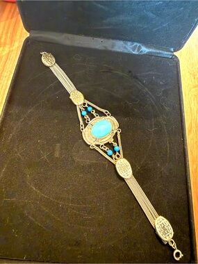 Antique 800 Continental Silver and Turquoise Bracelet